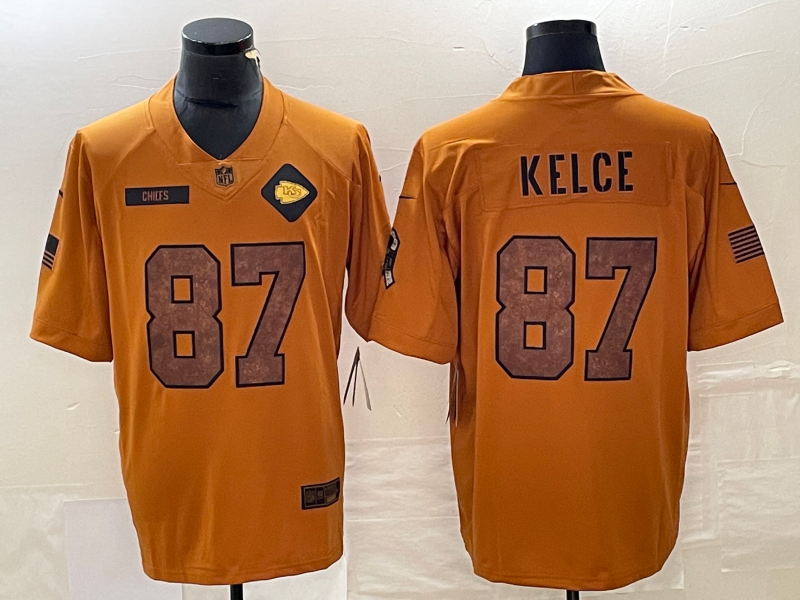 Men's Kansas City Chiefs Travis Kelce #87 Brown 2023 Salute To Service Retired Limited Jersey